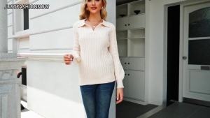 JUSTFASHIONNOW Womens Sweaters Polo V Neck Cable Knit Sweater Dressy Casual Pullover Jumper Tops Fall Winter Trendy