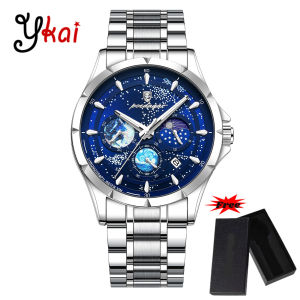 【With Watch Box】Ykai Luxury Man Wristwatch Luminous Waterproof Calendar Chronograph Auto Date Men Watch Stainless Steel Strap Mens Quartz Watches 916G