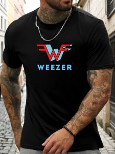 Mens Black Short Sleeve T-Shirt 100% Cotton Weezer Graphic Printed Round Neck Summer Breathable Casual Fashion Cool Tee