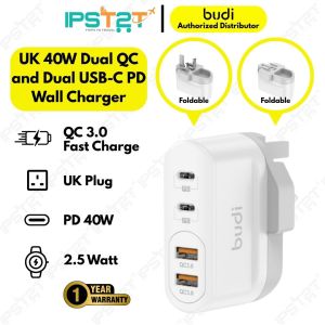 Trips2Travel x Budi 40W Dual USB QC and Dual USB-C PD Wall Charger