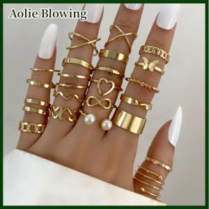 Aolie 22pcs Set Vintage Hollow Heart Butterfly Rings Set For Women Metal Color Geometric Spiral Shape Ring rendy Jewelry