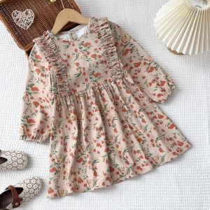 Gấu Lãnh Đạo phiên bản Hàn Quốc Ăn Mặc Cho Bé Gái Hoa chắp vá xếp li in hoa Cô Gái Dresses dài tay Mùa Thu Trẻ Em Giản Dị Quần Áo 3-7 Năm Ngọt Ngào Mặc