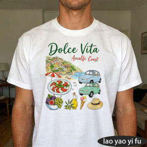 [Local Stock] HBESTY  Dolce Vita Amalfi Coast Italian Scenery Food Car Cartoon Men Summer Cotton T Shirt Mediterranean Vacation Graphic Daily Top