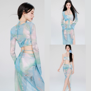 Fashionable Bathing Suit for Women Push Up Swimwear with Long Sleeves Crop Top and Beach Skirt 4 Pcs Split Swimsuits