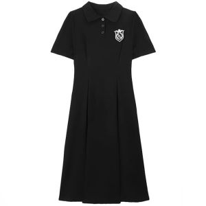 Dress Collar Neck And Zipper A-line Midi Dress Long Dress Short Sleeves Gaun Wanita Dengan Resleting Dan Kerah berkualitas baik perguruan tinggi gaya polo kerah gaun mid-length perempuan musim panas pinggang