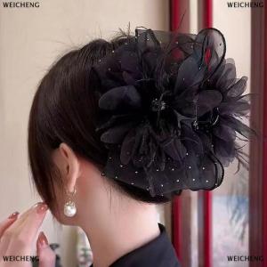 [COD] WEICHENG Mesh Lace Black Feather Ribbon Bow Hair Claws Hairpin Big Ponytail Holder Hair Clips Hair Accessories For Women