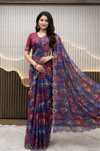 [PRE ORDER : 10 DAYS] Womens Soft Weightless Georgette Digital Printed Saree | Peacock Feathers Print Saree with Sirohi Diamond Work Border & Blouse Piece (6.30 Mtr | ST-0155)