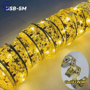 🎀🎀5/10Mไฟริบบิ้นคริสต์มาส ริบบิ้นตาข่ายสองชั้น ไฟนางฟ้า ริบบิ้นไฟ LED สําหรับตกแต่งต้นคริสต์มาส สําหรับตกแต่งบ้าน ต้นคริสต์มาส งานแต่งงาน DIY