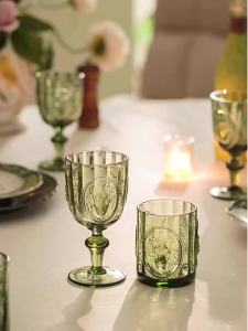 FFBH Vintage Olive Green Embossed Glass Cups Retro Floral Relief Goblet Tumbler Non-Fading Drinking Glass for Wine Juice & Home Decor T6H1N