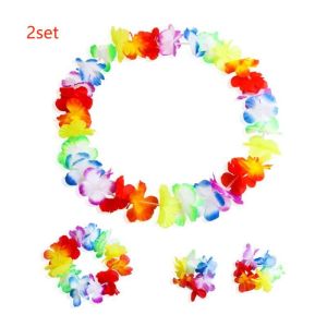 2set Kalung Bunga Hawai Warna Warni Kalung Penyambutan Tamu Lei Gelang Dan Kepala