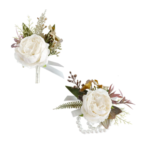Artificial Flower Champagne Color Wrist Corsage and Boutonniere Set for Special Occasion Formal Meeting Chest Flower