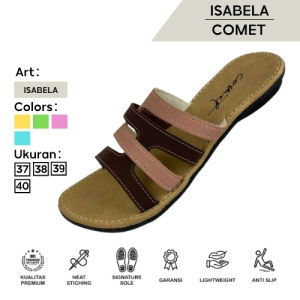 Isabela Comet Flat Sandal Wanita Teplek Motif Polos Kulit PU Anti Licin - Warna Biru/Teal/Merah/Biru Abu-abu Ukuran 37/38/39/40