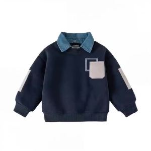 Autumn Winter Ghildren Clothings Boys Layered Fleece Sweatshirt Denim Collar Patch Pocket Warm Pullover Kids Casual Top2026