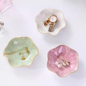 Pink Ceramic Decorative Storage Tray with Gold Rim for Small Items Storage
