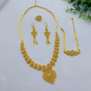 24K gold Heart-Shaped Middle Eastern Dubai Wedding Jewelry Set Ethnic Style Gold-Plated Copper Alloy Necklace Earrings Ring Bracelet Accessories