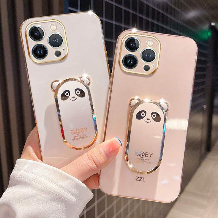 VRQR Precise Camera Phone Case For Vivo Y03 Y18 Y18E Y02S Y02A Y11 2023 With Luxury Plating Ice Shield Panda mobile phone holder