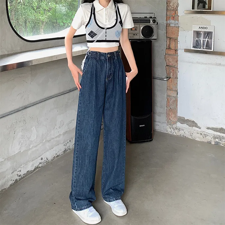 Large size women's dark blue jeans women's spring and autumn high-waisted  straight loose wide-leg pants design sense Hong Kong-style pants trend