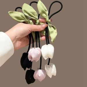 PICKIT Sweet Tassels Tulip Hair Rope Bowknot Flower Cloth Hair Ring Trendy Hair Accessories Headdress Elastic Hair Band Women Girls