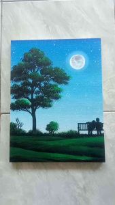 Hiasan Dinding Dekorasi Ruang Tamu Lukisan Pemandangan Malam Purnama Aesthetic Handmade Bahan Kanvas Ukuran 30x40cm