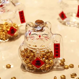 NOBLELYN Clear Piggy Bank Lucky Cat Glass Golden Bean Storage Bottle Cartoon Money Jar for Living Room Office Decor