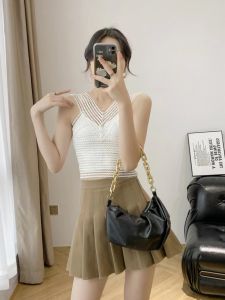 V-neck diamond-embellished fish silk strapless vest 8698#