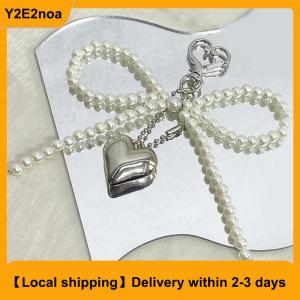 【Local shipping】 Delicate Beaded Key Chain Handmade Bow Shaped Keyring Heart Keychain Ornament Pearl Decoration For Bags And Phones