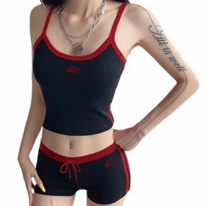 NEXTGENYUN Casual Embroidered Sports Set Breathable Letter Stitching U-Neck Vest Womens Wear Soft Drawstring Shorts Sports Activities