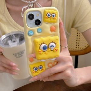 เคสโทรศัพท์ซิลิโคนเหลวนวัตกรรมไม้เซลฟี่รูปทรงสพันจ์บ็อบพร้อมสร้อยข้อมือสำหรับ iPhone 11 12 13 14 15 16ซีรีส์