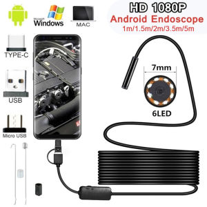 【จัดส่งจากกรุงเทพ】HD 1200P กล้องงู 7 มม.6 LED Endoscope กันน้ำ Borescope กล้องตรวจสอบสำหรับโทรศัพท์ Android PC Typec-C
