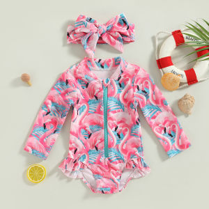 [Local Delivery] Kids Girls Rash Guard Swimsuit Romper Flamingo/Flower Print Zipper Long Sleeve Sun Protection Bathing Suit