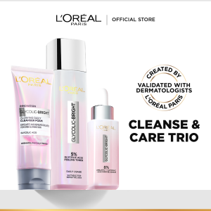 LOreal Paris Glycolic Bright Cleanse & Care Trio (Cleanser 100ml Toner 128ml Serum 30ml) - Brightening Fade Dark Spots