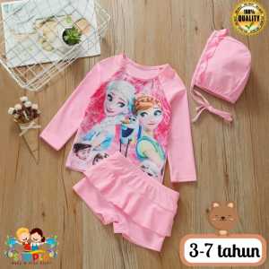 Setelan Baju Renang Anak Perempuan Impor Frozen Anna Elsa Pink Lengan Panjang 3-7th / Swimsuit Baju Diving Import