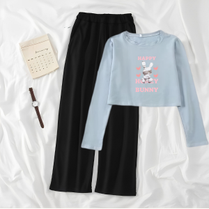 JOY Setelan Anak remaja Korea Style Baju 1 Set Celana Kulot  Dan Baju Crop Lengan Panjang  Desain Grapic Happy Honey Bear
