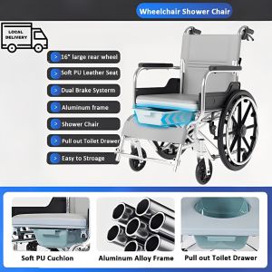 Lightweight Foldable Wheelchair Shower Chair Aluminum Shower Commode Wheelchair with Padded Seat & Flip-Up Armrests4-in-1 Bedside Self Propelled Wheelchair Commode Bathroom Chair Rolling Shower Chair for Elderly Disabled Support up to 100kg