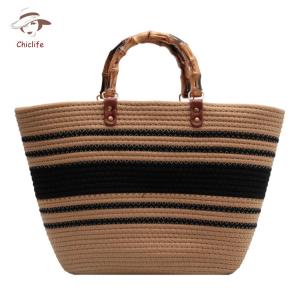 Casual Womens Tote Bag with Striped Design and Bamboo Handles Spacious Cotton Woven Travel Bag
