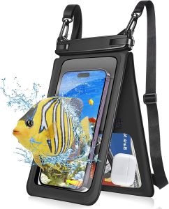 ZUZG Waterproof Phone Bag 2 Pockets Large Univeral Wateterproof Phone Pouch Holder with Adjustable Crossbody Lanyard IPX8 Cellphone Dry Bag Compatible for iPhone and All Smartphones - Black/1PCS