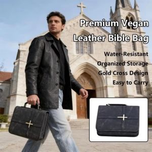 LILYGIRL Dust-proof Vegan Leather Bible Cover Cross-themed with Phone Pocket Bible Carrying Case Portable Religious Style Multifunctional Storage Bag Church Use