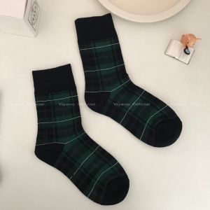 YB Dark Green Rhombus Socks Stitching Medium Tube Socks Retro Student Casual Sports Couple Socks Korean Fashion BY