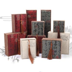 EO4MD สี่เหลี่ยมมุมฉาก กล่องเครื่องประดับพู่ผ้าลินิน แฮนเมด สไตล์จีนจีน กล่องแสดงเครื่องประดับแบบจีน เรโทร บัวบัวบัว กล่องเก็บสร้อยคอผ้า กำไลข้อมือกำไล