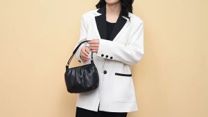 PU Leather Womens Soft Sling Bag Bucket Handbag Woven Pattern Commuter Shoulder Bags For Woman Medium Size