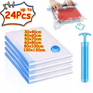 1-24Pcs Reusable Vacuum Storage Sealing Bags with Hand Pump Clear Folding Compressed Space Saving Vacuum Bag for Clothes Travel2026