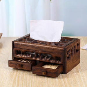 Wooden Tissue Box with 2 Drawers - Hand Hollow Carved Solid Wood Multifunctional Tissue Box Hotel Spa Bedroom Living Room Decorative Tissue Box