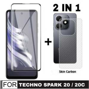Promo Paket 2 in 1 Tempered Glass Tecno Spark 20 / 20C 2023 Anti Gores Layar Tepi Hitam + Garskin Carbon Transparan