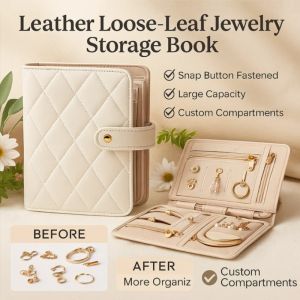 Leather Loose-Leaf Jewelry Storage Book With 5 Jewelry Organizer Pouch For Rings Earrings Necklace Bracelets With Zipper