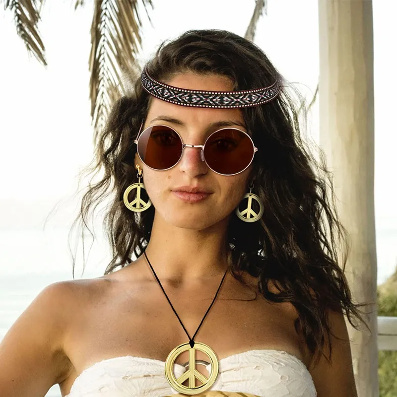 4Pcs 70s Accessories Women Hippie Costume Set Hippie Sunglasses Peace Sign Necklace  Earrings Bohemia Headband 70s Outfits For Halloween Women 70s 60s Party  Accessories