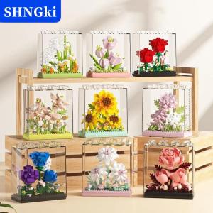 SHNGki Bó hoa hướng dương chậu cây vi khối xây dựng vĩnh cửu mô hình hoa Tự làm trang trí bàn nhà gạch Đồ chơi Quà Tặng