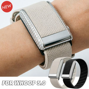 For Whoop 5.0 Smart Watch Diamond-Embedded Nylon Woven Elastic Casual Wristband with Full-Diamond Bright Silver Metal U-Frame