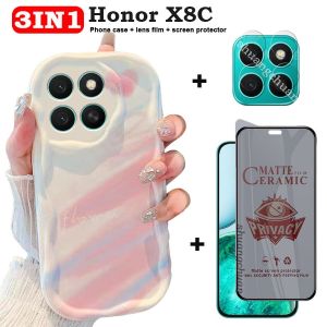 For Honor X8C Case and Honor X8C Screen protector Peep-proof tempered glass film 3IN1 Frosted protective film Cream Heart painted phone case Camera lens film