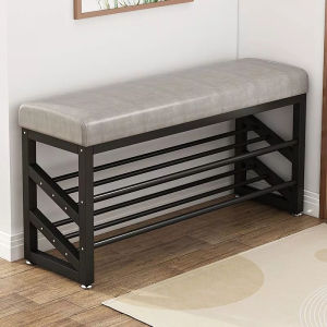 Multifunctional 3-Tier Metal Shoe Bench with Soft Cushion Heavy Duty 2-in-1 Shoe Rack Organizer Entryway Shoe Changing Stool for Home