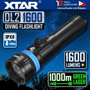 XTAR DL2 Diving Flashlight with Pointer Green Laser - 1600 Lumens - 355m- Rechargeable 21700 Battery